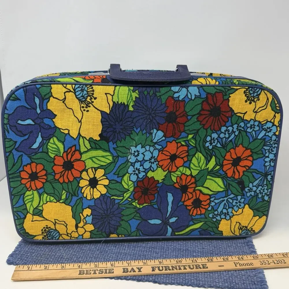 Vintage 70s Retro Suitcase Floral Flowers Flower Power Blue W/ Lock Bantam